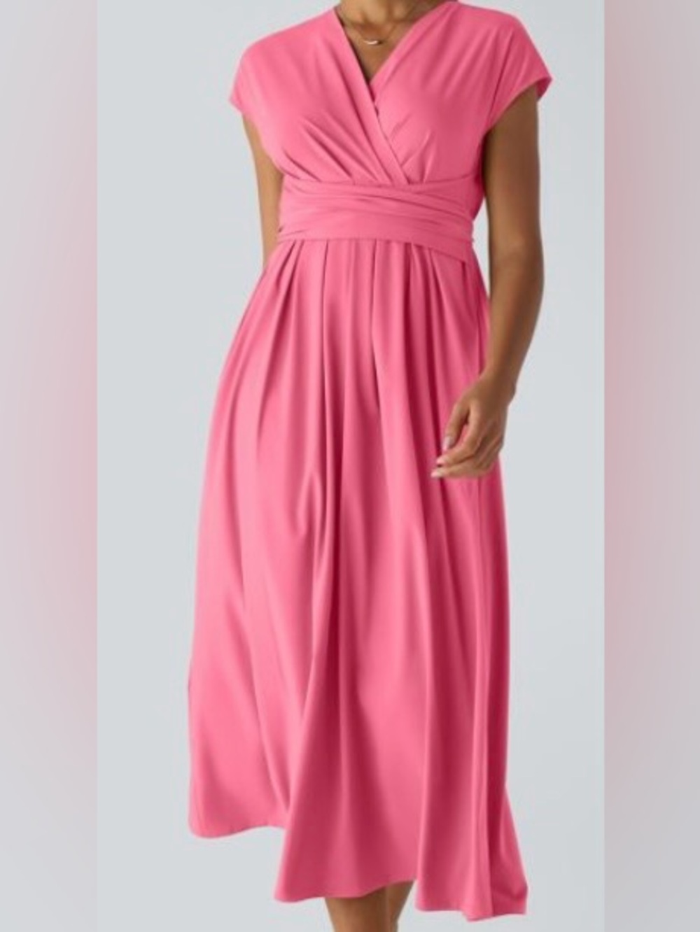 LARGE.  HALARA V NECK QUICK DRY BACK TIE MIDI DRESS